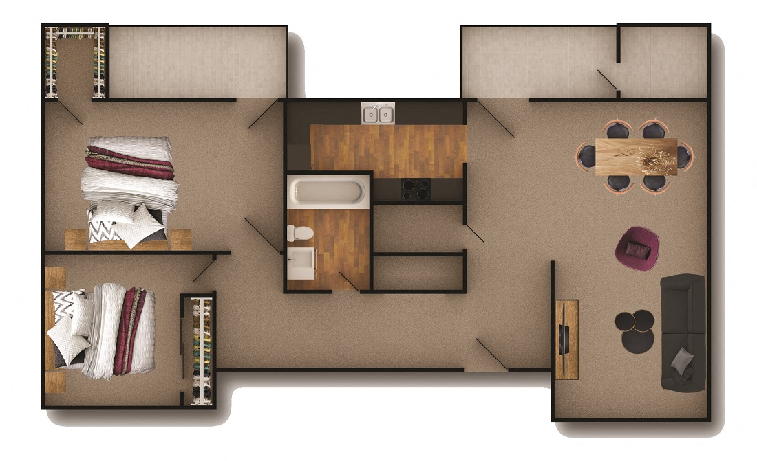Floor plan for 2 beds, 1 bath, 1004 sqft